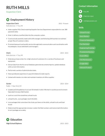 Inspection Clerk Resume