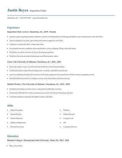 Inspection Clerk Resume