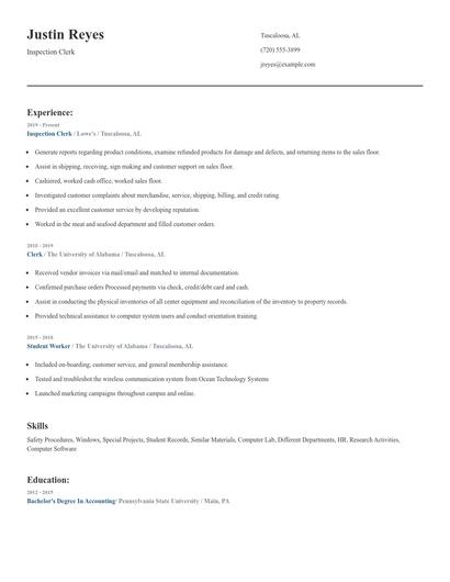Inspection Clerk Resume