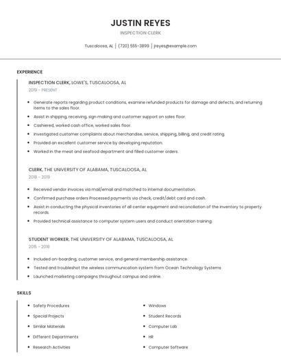 Inspection Clerk Resume