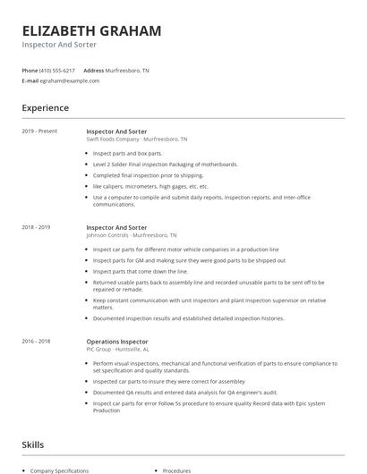 Inspector And Sorter Resume
