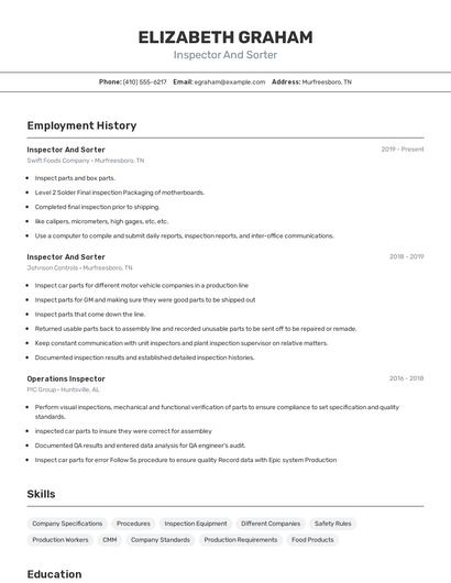 Inspector And Sorter Resume