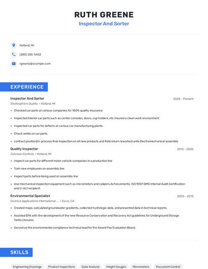 Inspector And Sorter Resume