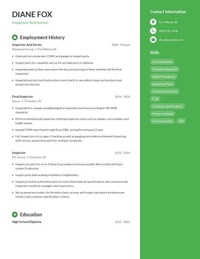 Inspector And Sorter Resume