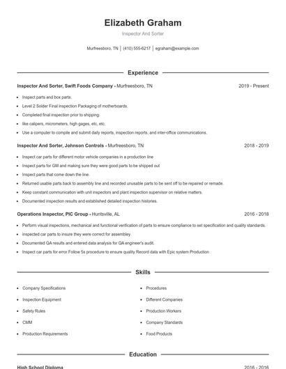 Inspector And Sorter Resume