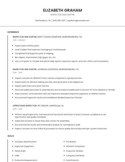 Inspector And Sorter Resume