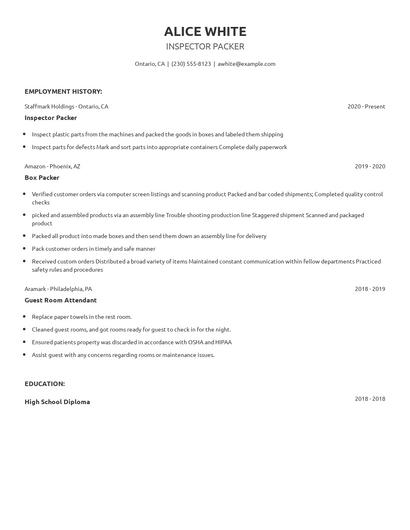 Inspector Packer Resume