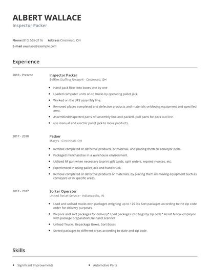 Inspector Packer Resume