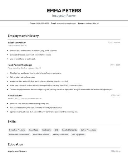 Inspector Packer Resume