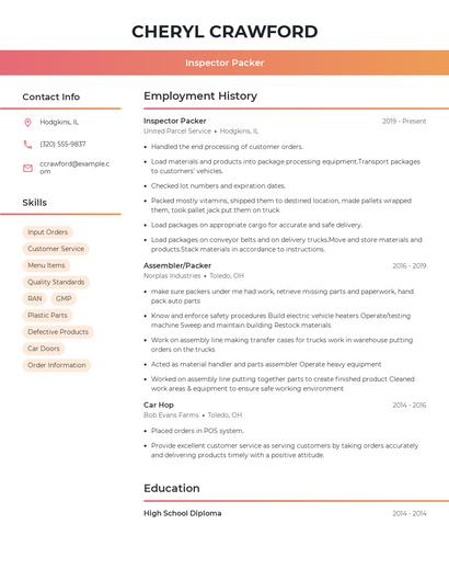 Inspector Packer Resume