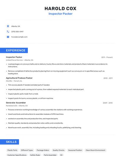 Inspector Packer Resume