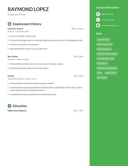 Inspector Packer Resume