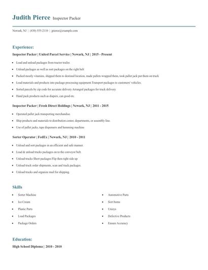Inspector Packer Resume