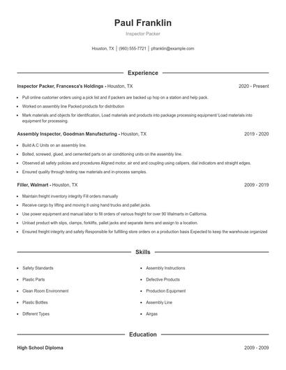 Inspector Packer Resume