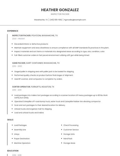 Inspector Packer Resume