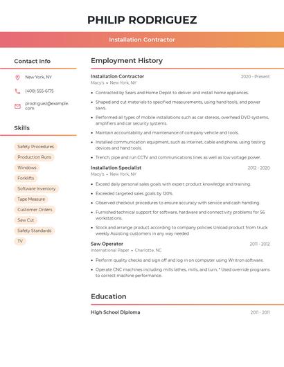Installation Contractor Resume