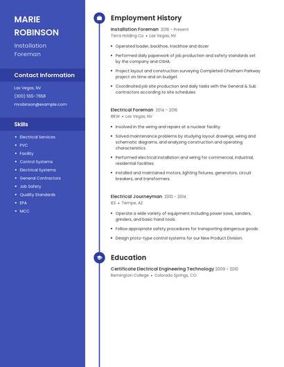 Installation Foreman Resume