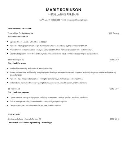 Installation Foreman Resume