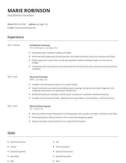 Installation Foreman Resume