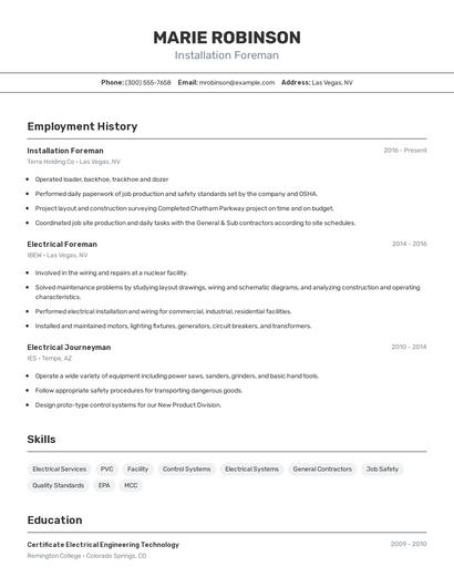 Installation Foreman Resume