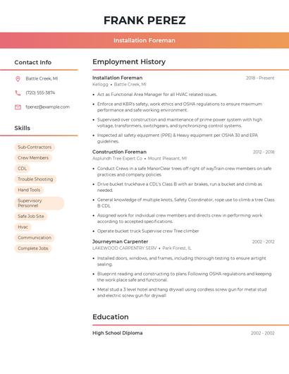 Installation Foreman Resume