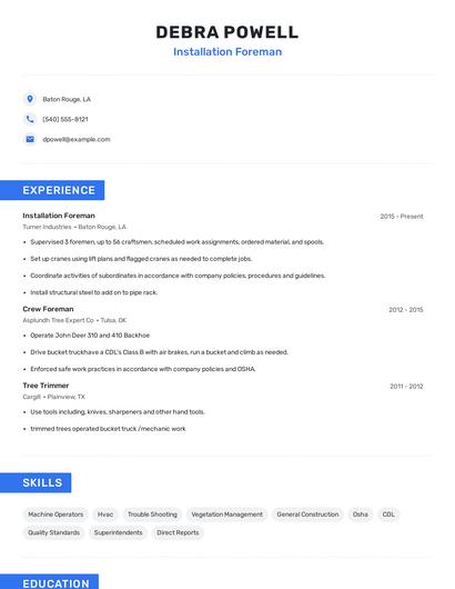 Installation Foreman Resume