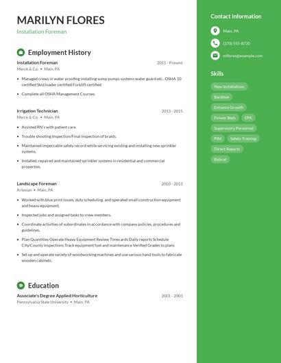 Installation Foreman Resume