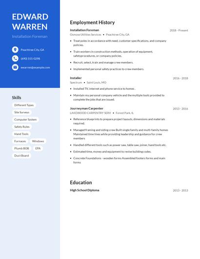 Installation Foreman Resume