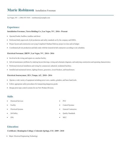 Installation Foreman Resume