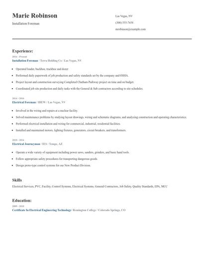 Installation Foreman Resume