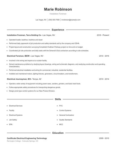 Installation Foreman Resume