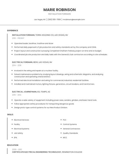 Installation Foreman Resume