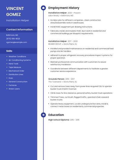 Installation Helper Resume