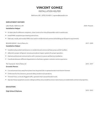 Installation Helper Resume