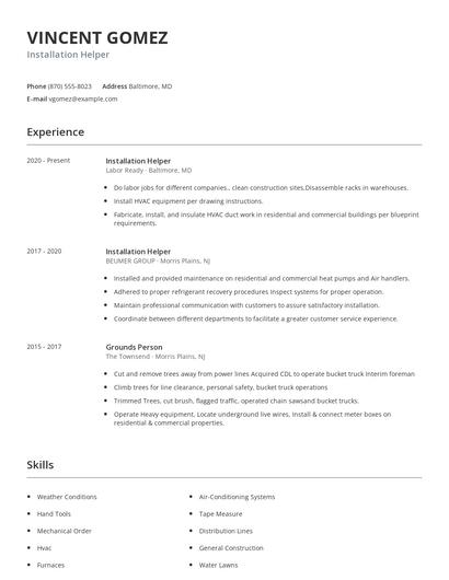 Installation Helper Resume