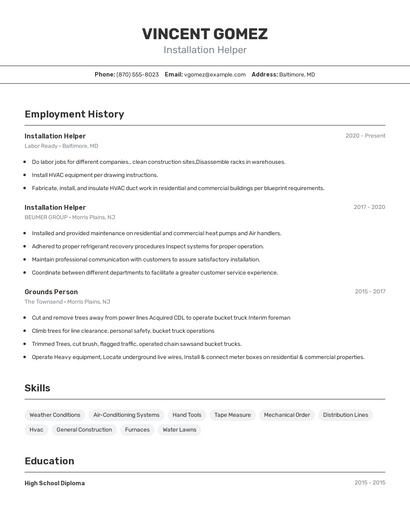 Installation Helper Resume