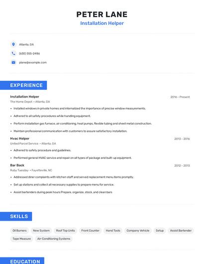 Installation Helper Resume