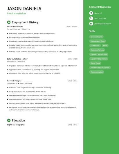 Installation Helper Resume