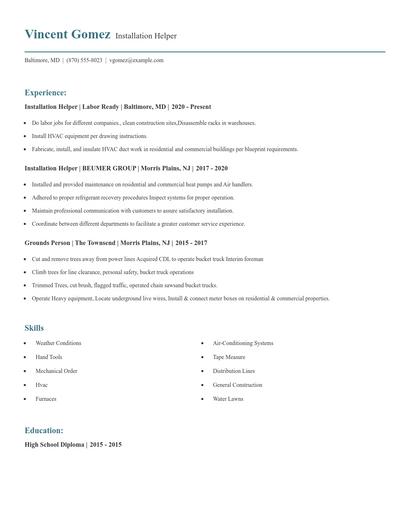 Installation Helper Resume