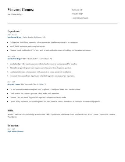 Installation Helper Resume