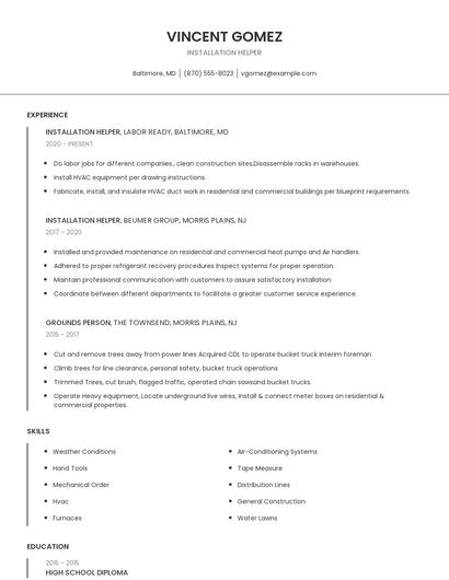 Installation Helper Resume