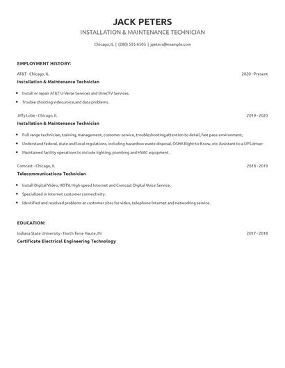 Installation & Maintenance Technician Resume