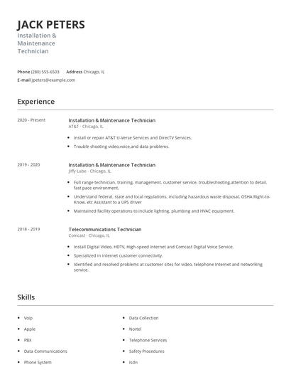 Installation & Maintenance Technician Resume