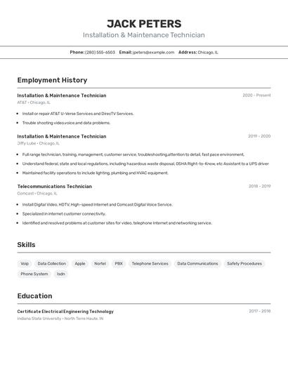 Installation & Maintenance Technician Resume
