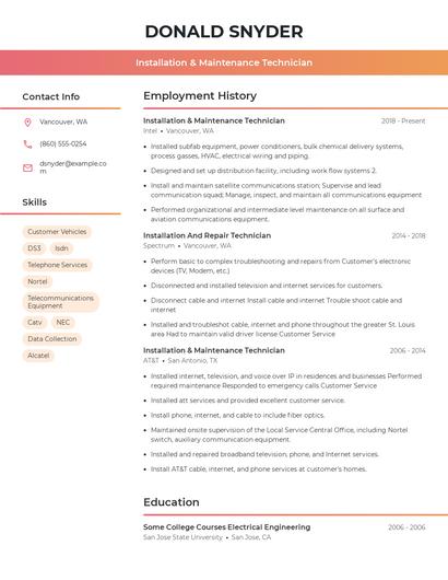 Installation & Maintenance Technician Resume