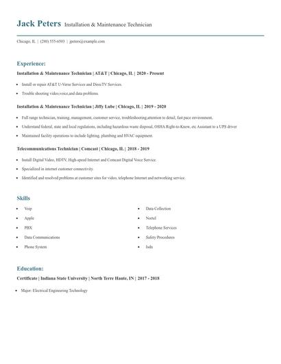 Installation & Maintenance Technician Resume