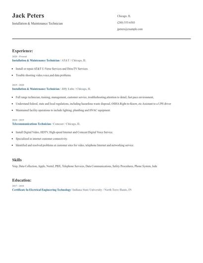Installation & Maintenance Technician Resume