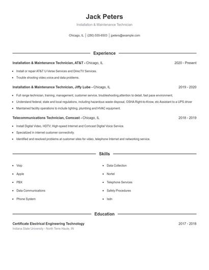 Installation & Maintenance Technician Resume