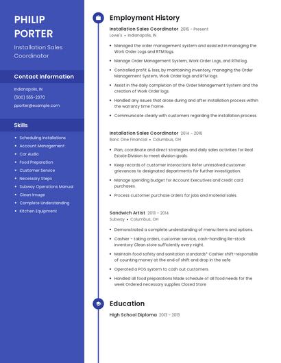 Installation Sales Coordinator Resume