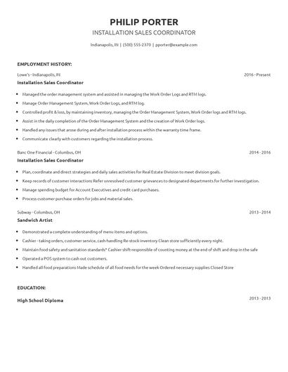 Installation Sales Coordinator Resume